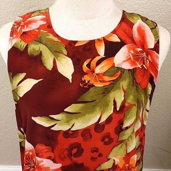 Chico's Silk Tropical Floral Dress - Red Green Sleeveless Medium - Picture 6 of 8